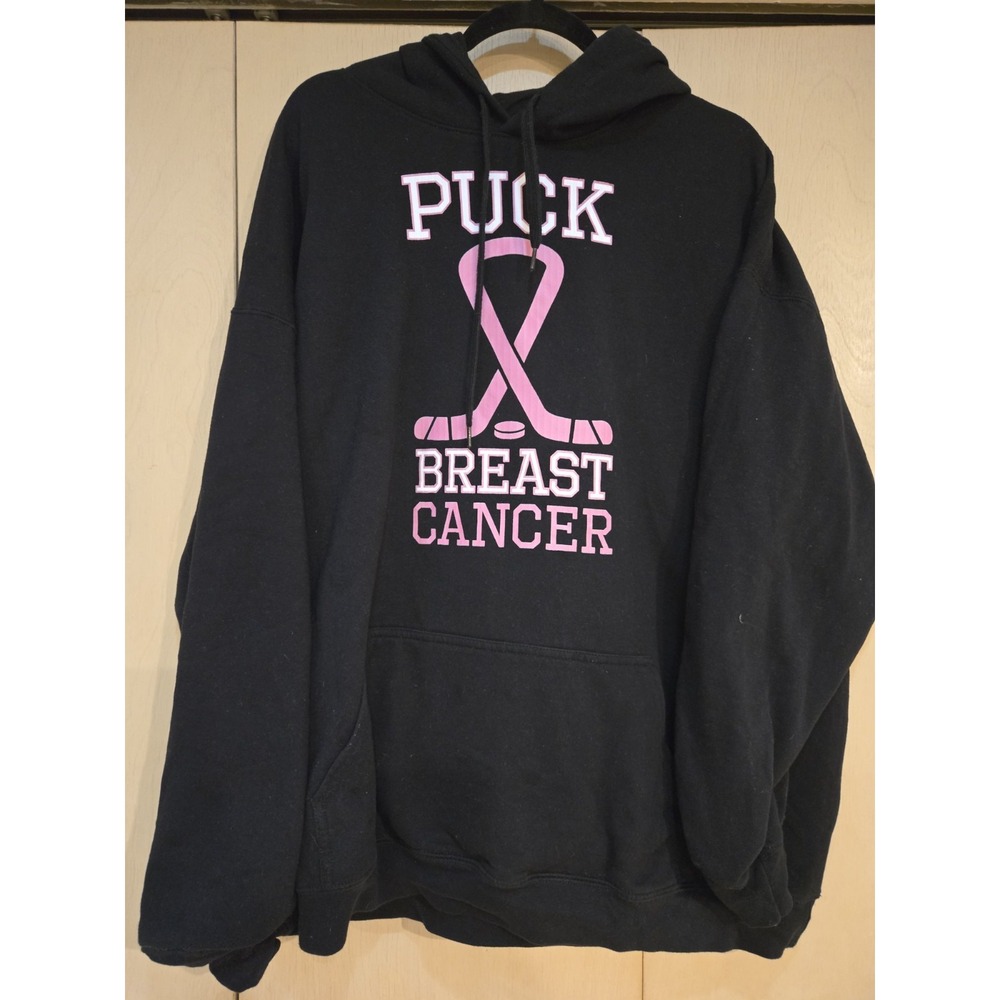 Puck Breast Cancer Hockey Hoodie 2XL Black Pink Ribbon Gildan Awareness